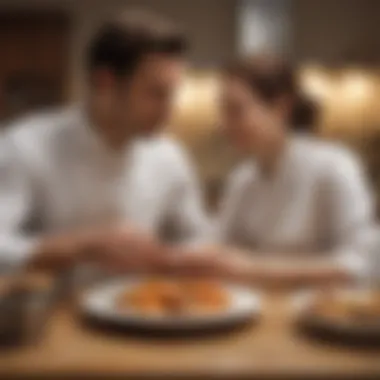 An intimate scene showcasing two individuals sharing a moment over a culinary creation