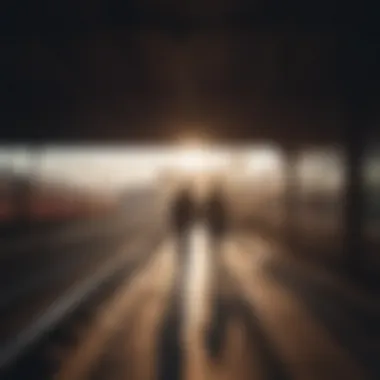 A silhouette of a couple parting ways at a train station, symbolizing the end of a relationship and a new journey ahead