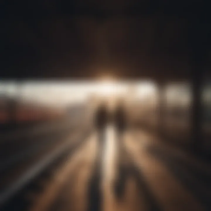 A silhouette of a couple parting ways at a train station, symbolizing the end of a relationship and a new journey ahead