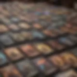 A vibrant selection of Magic: The Gathering cards spread out on a table, showcasing various colors and themes.