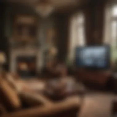 Enjoying Downton Abbey at Home A cozy home setup for movie watching with popcorn and a screen displaying Downton Abbey.
