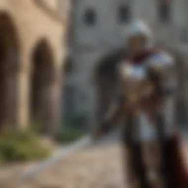 Knight in shining armor wielding a legendary sword in a castle courtyard