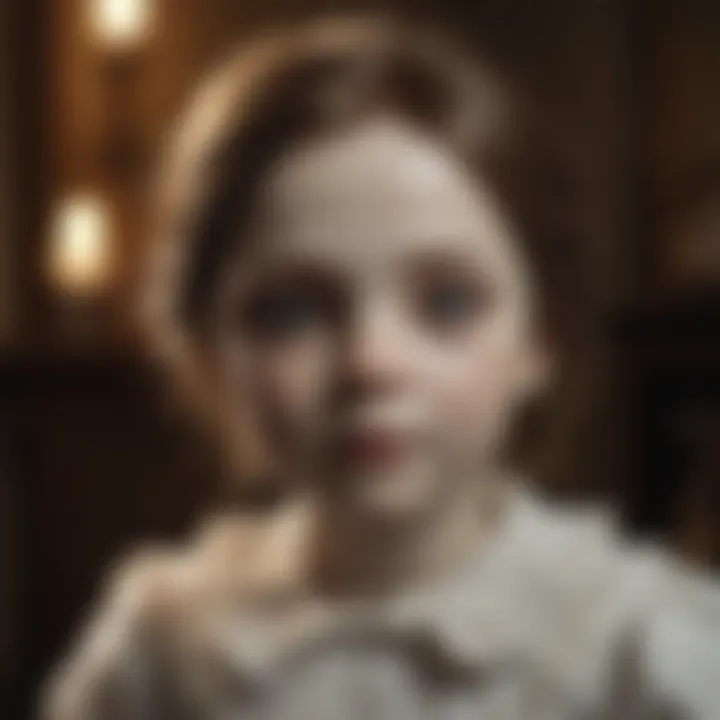 Creepy doll with cracked porcelain face in dimly lit room