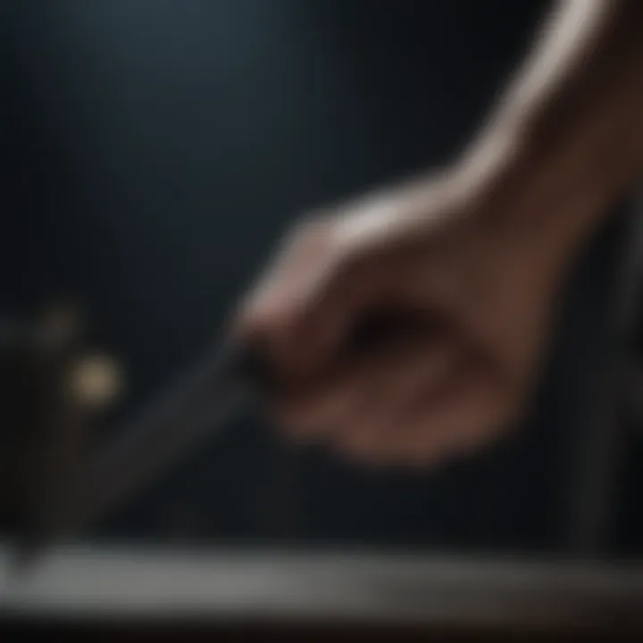 A close-up of a hand gripping a sharp knife in dim lighting