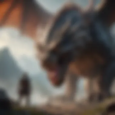 Courageous Adventurer Confronting a Mighty Beast Illustration of a lone adventurer facing off against a fearsome dragon