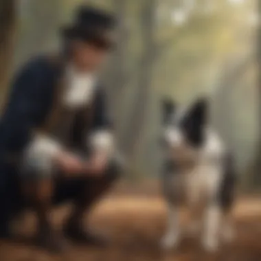 An elegant border collie engaging with a person in a historical attire