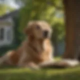 A majestic golden retriever reading a book under a tree