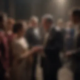 Ensemble cast interacting in a dramatic scene