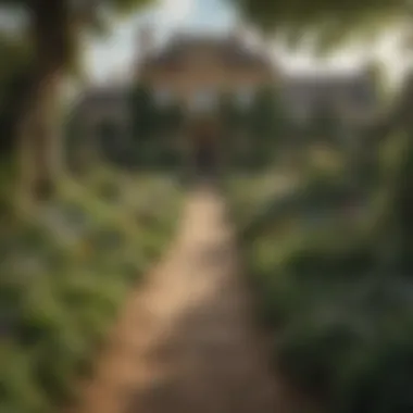 Idyllic English countryside charm Garden pathway leading to a grand estate in the English countryside