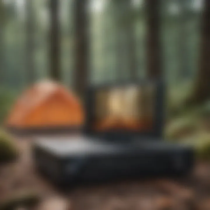 Portable DVD player in a serene camping setting