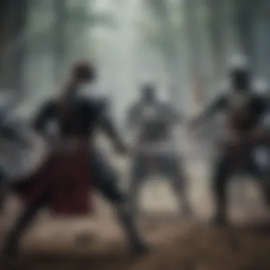 Epic battle scene in a medieval fantasy world with warriors clashing swords