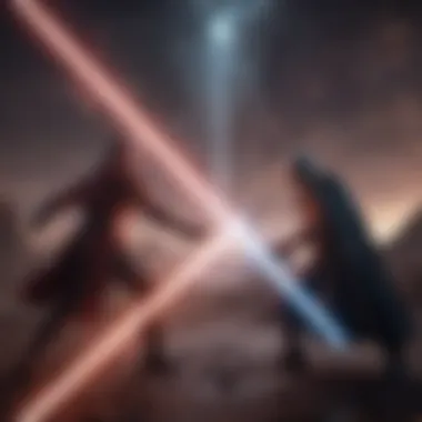 Epic lightsaber duel amidst swirling nebula