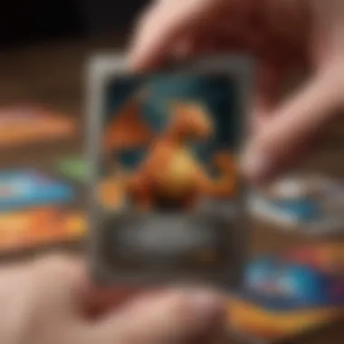 A close-up of a collector examining a Charizard card for condition