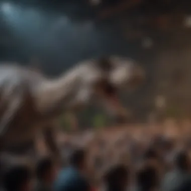 A captivating audience enjoying a live action dinosaur performance