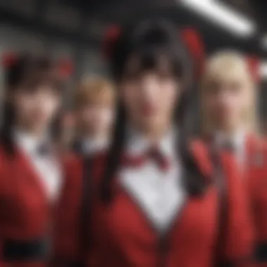 Dynamic group shot of cosplayers embodying characters from Kakegurui at a convention.