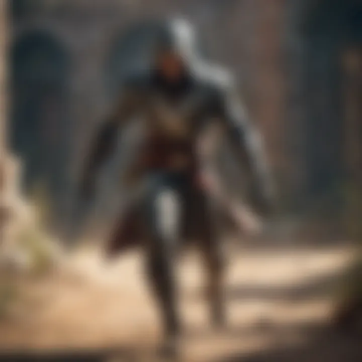 A character in a stealth pose within an Assassin's Creed setting