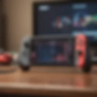 A close-up of a Nintendo Switch controller with retro game graphics in the background.