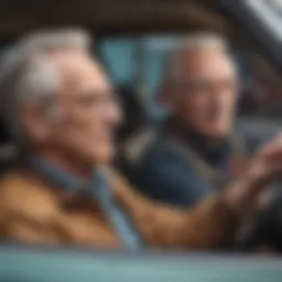 Elderly man and young man bonding in a car