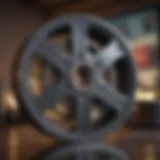 A vintage film reel with classic movie posters in the background