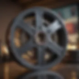A vintage film reel with classic movie posters in the background