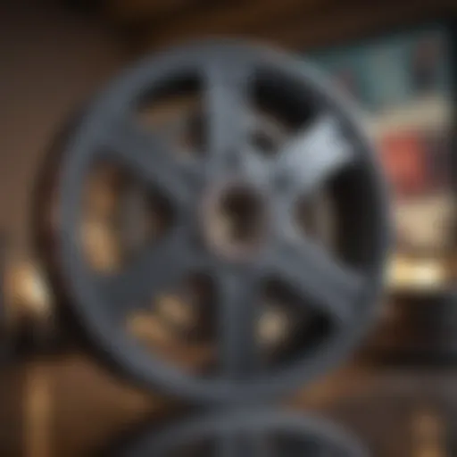 A vintage film reel with classic movie posters in the background