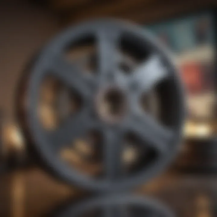 A vintage film reel with classic movie posters in the background
