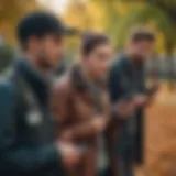 A group of friends using walkie talkie apps in a park setting.