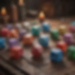 A close-up of an array of colorful Dungeons & Dragons dice set against a textured background.