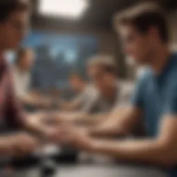 A vibrant scene of a group playing a Nintendo Wii multiplayer game together, showcasing collaboration and camaraderie.