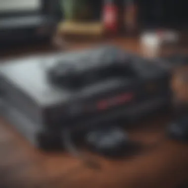 An iconic PlayStation console with vintage games displayed around it