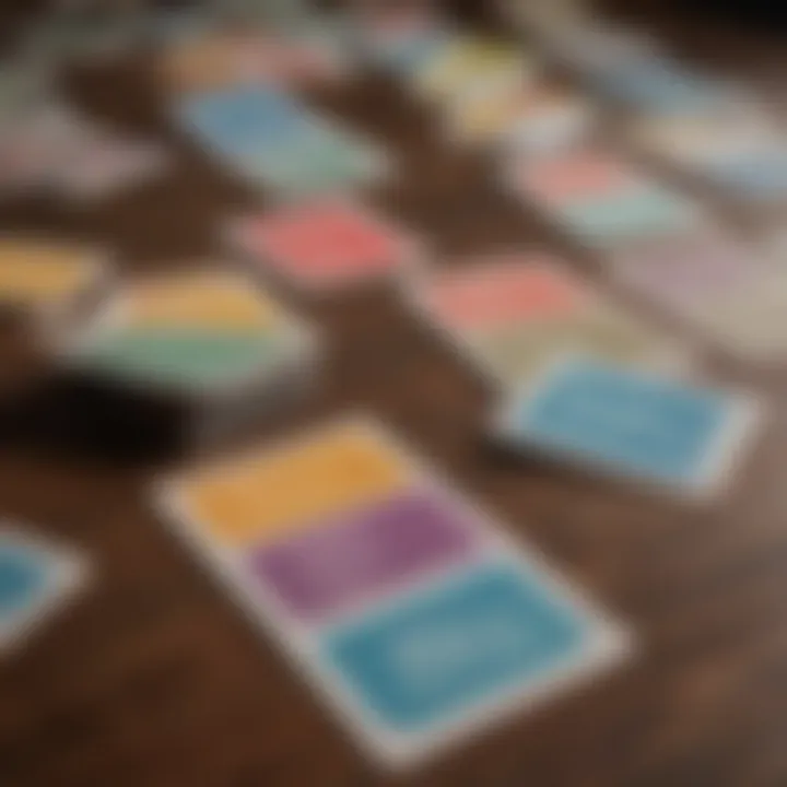 A close-up of colorful question cards laid out on a table, inviting curiosity and exploration.