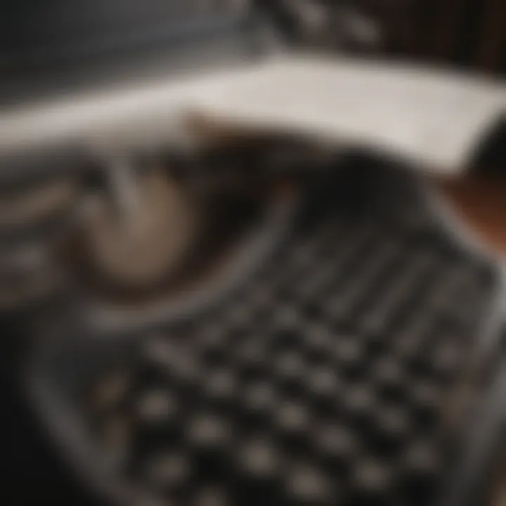A close-up of a typewriter with pages filled with legal jargon and narrative structure