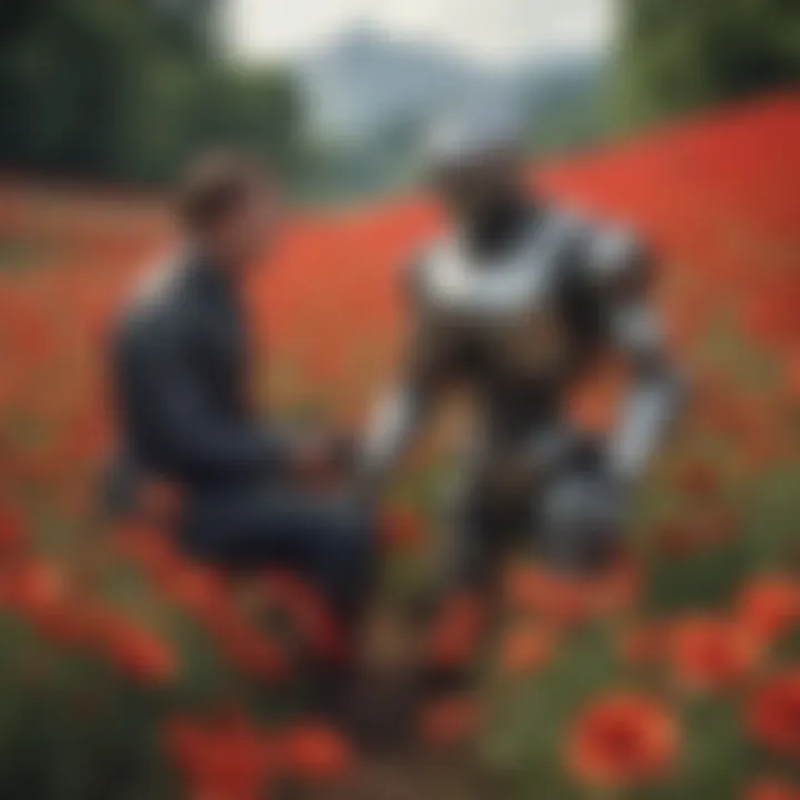 Intelligent character with a mechanical companion in a field of poppies