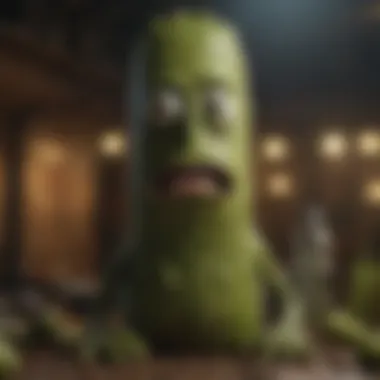 The surreal transformation of Rick into Pickle Rick, symbolizing identity crisis