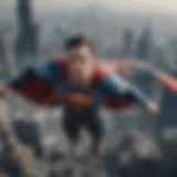 A breathtaking aerial view of Superman soaring through a vivid virtual cityscape.