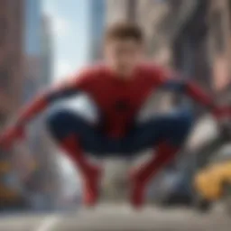 Tom Holland as Spider-Man swinging through the city