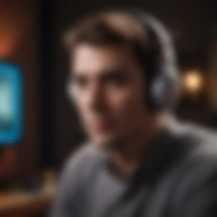 An individual listening intently on headphones, immersed in the audio experience