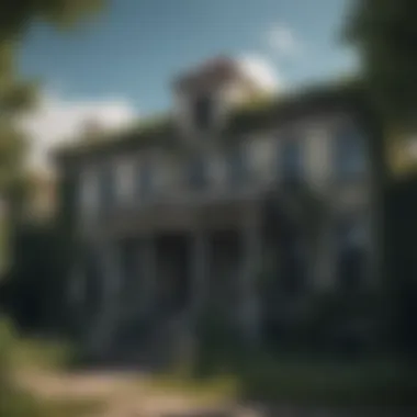 Desolate Haunted Abode Creepy abandoned mansion with broken windows and overgrown vines