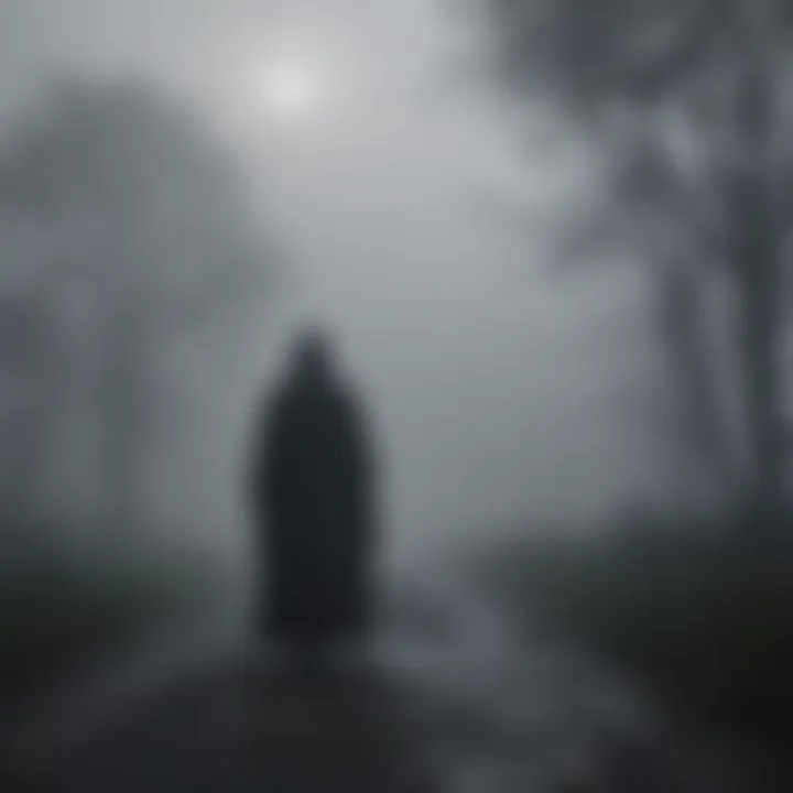 Dark silhouette of a cloaked figure emerging from the fog