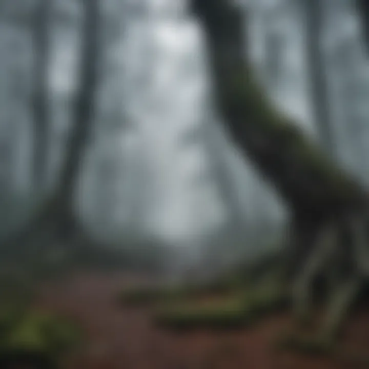 Gloomy forest with gnarled trees and mist swirling around