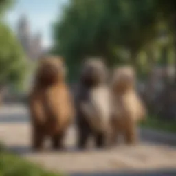 Three cartoon bears exploring a city park