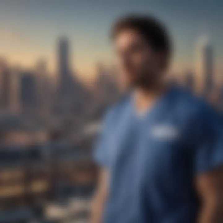 Character in scrubs gazing at city skyline