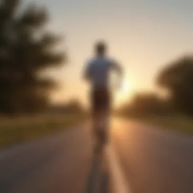 Forrest Gump running on a road with a picturesque sunset in the background