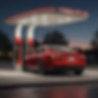 Illuminating Tesla Supercharger station at night with futuristic design