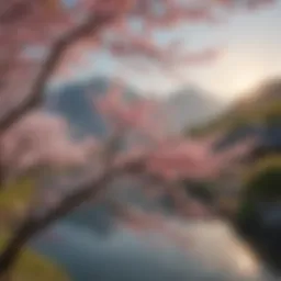 Japanese cherry blossom branches against a serene landscape