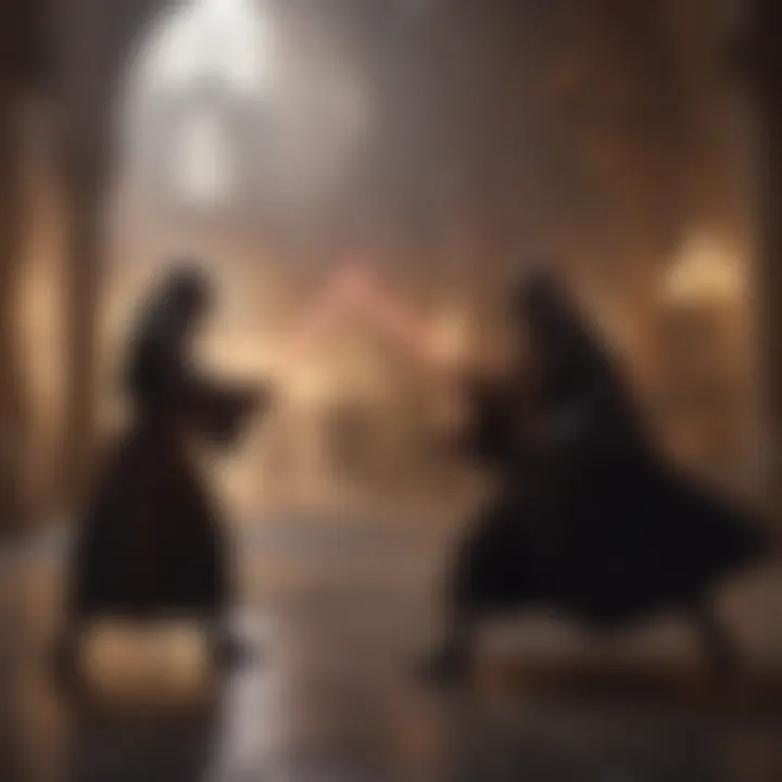 A dramatic duel between a Jedi and a Sith, illustrating their ideological clash