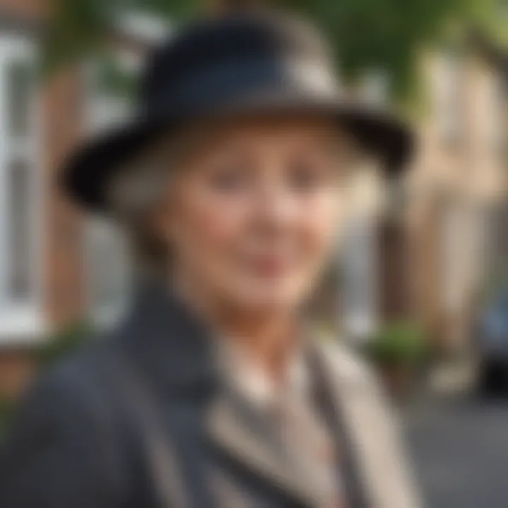 A scene depicting Miss Marple in a quaint English village, highlighting her observational skills