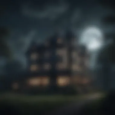 Haunted old mansion with glowing windows under a full moon