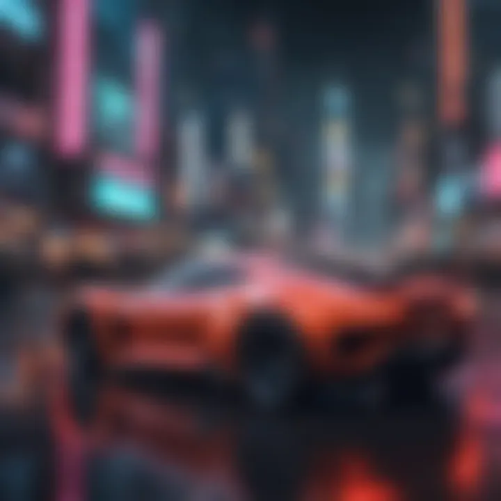 Sleek and powerful futuristic vehicle racing through a neon-lit cityscape