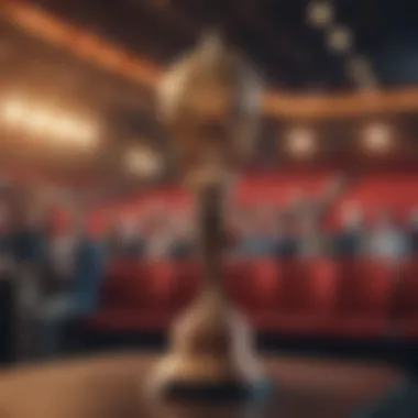 Close-up of an award statuette against a blurred background of a crowded auditorium